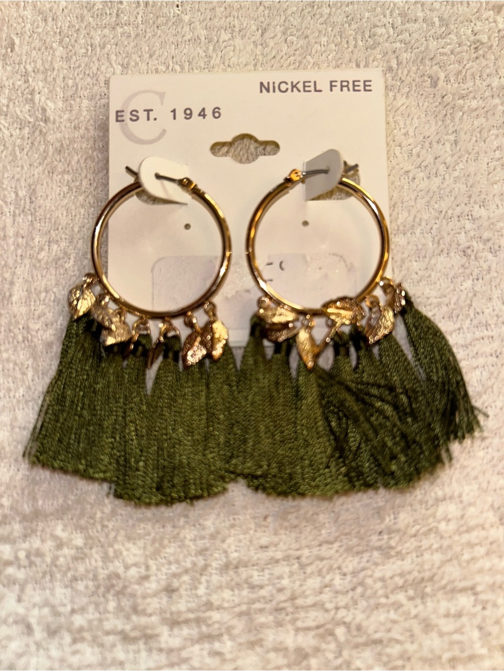 Gold Hoop Earrings with Olive Green Tassels